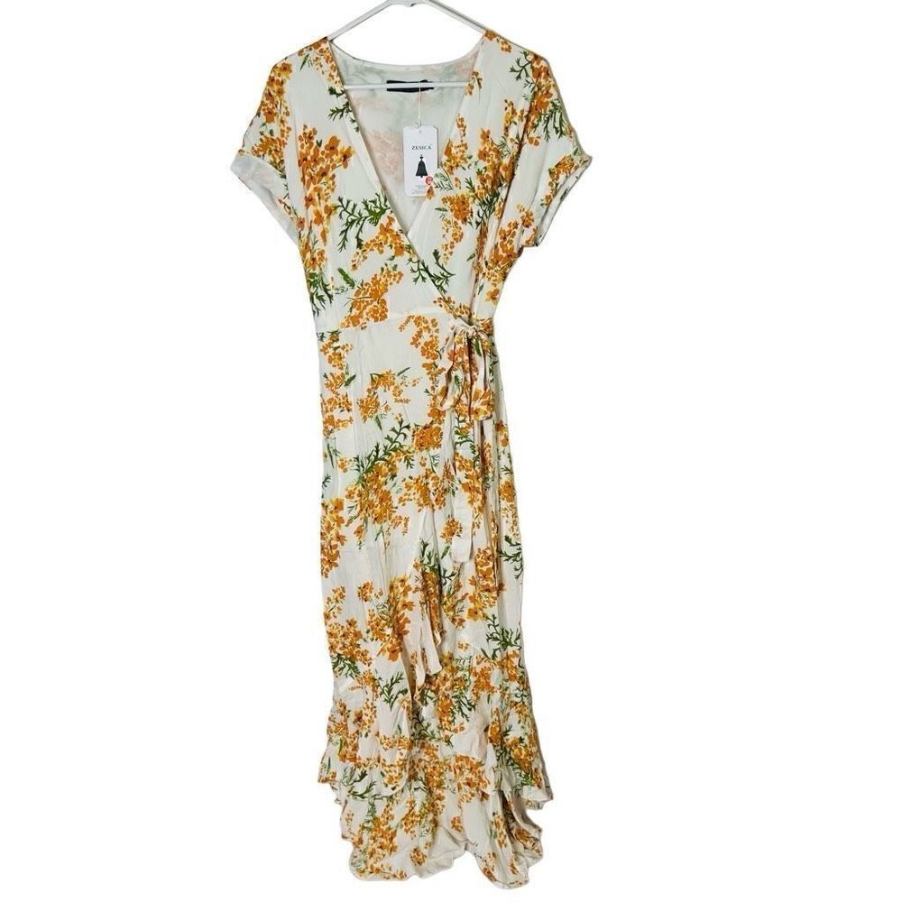 Zesica White Orange Sunflower Wrap Dress MIDI Sundress NWT!